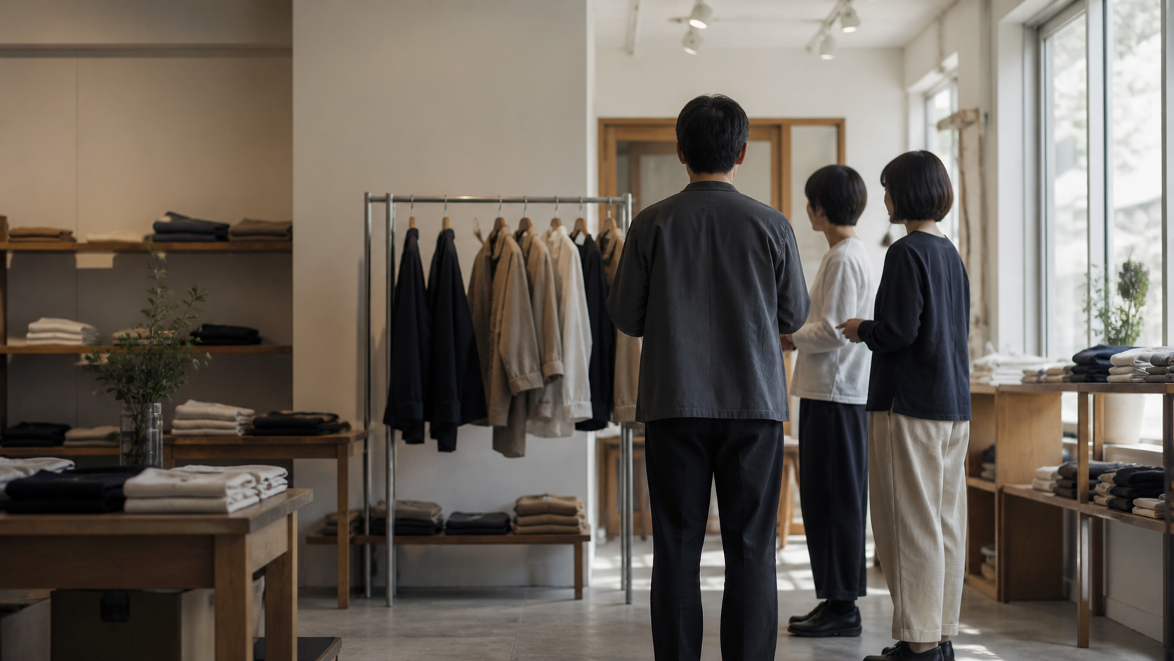 アパレル店舗でスタッフと話す店長