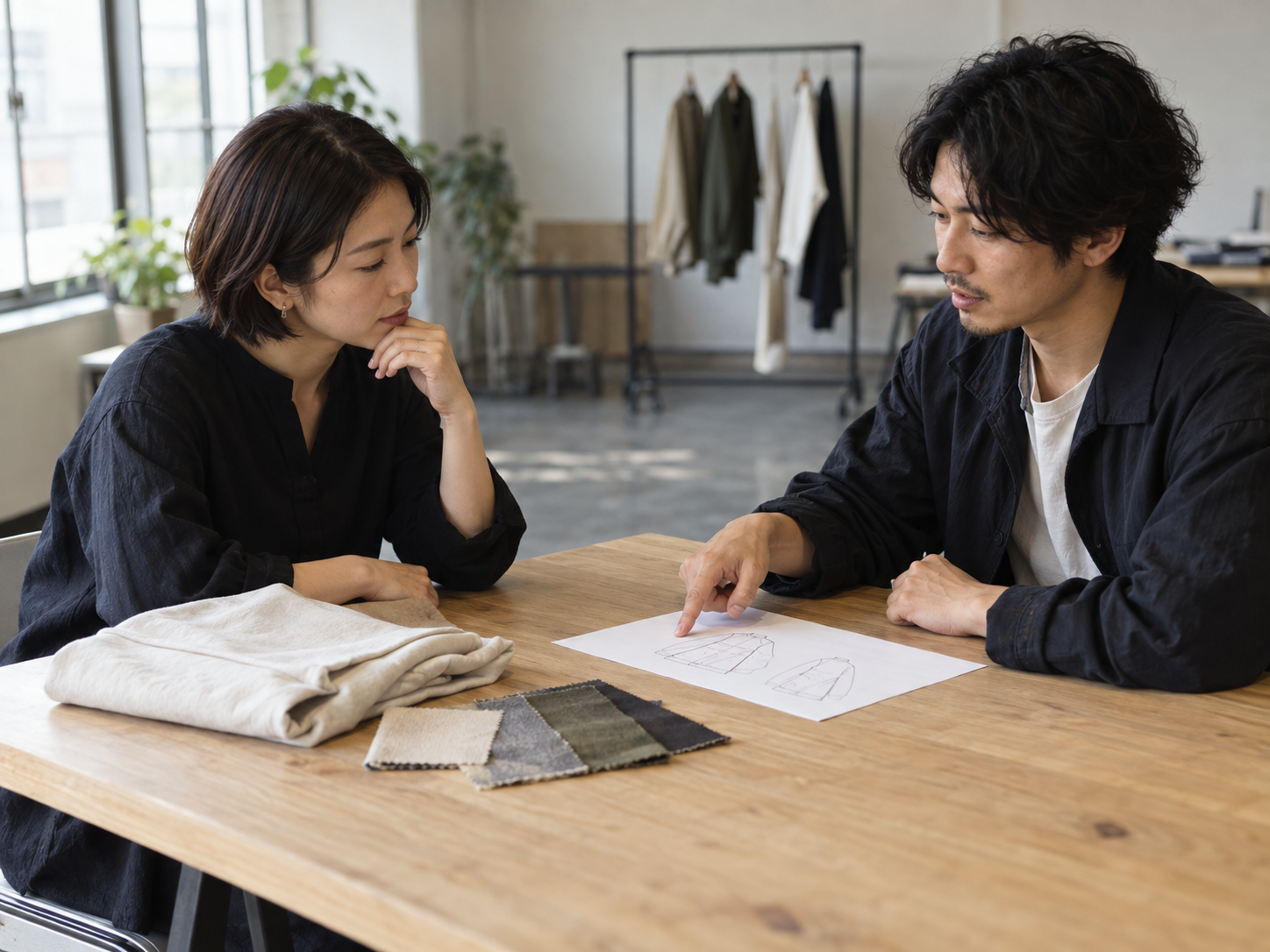 アパレルチームが素材と商品構成を検討する様子